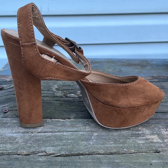 Candies platform chunky heels Sz 9.5 brown suede like Y2K open toe 5.5 in heels - Picture 5 of 15